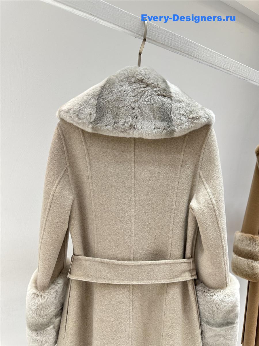 F**di beige real rex rabbit fur collar long trench coat