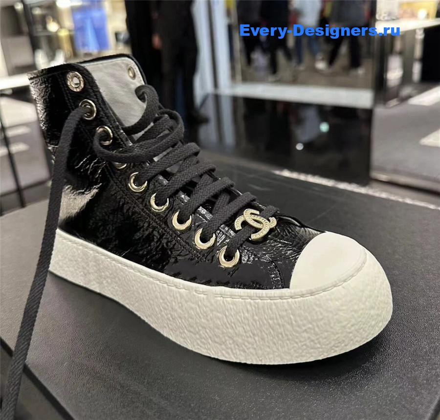 Ch**el high-top waxed leather lace-up sneakers