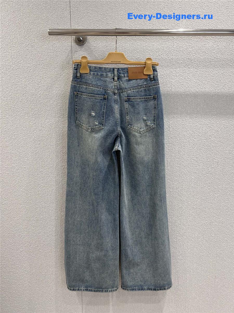 Miu Miu Lettering Print Ripped Denim Jeans