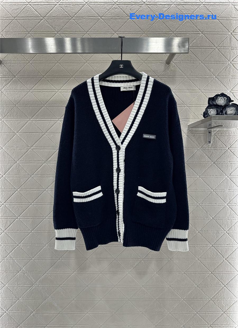 Miu Miu Navy Ribbed Knit V-neck Cardigan