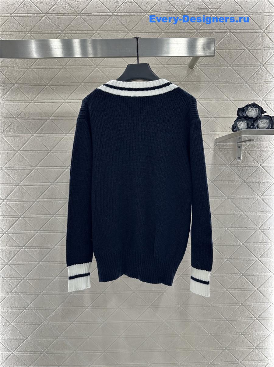 Miu Miu Navy Ribbed Knit V-neck Cardigan