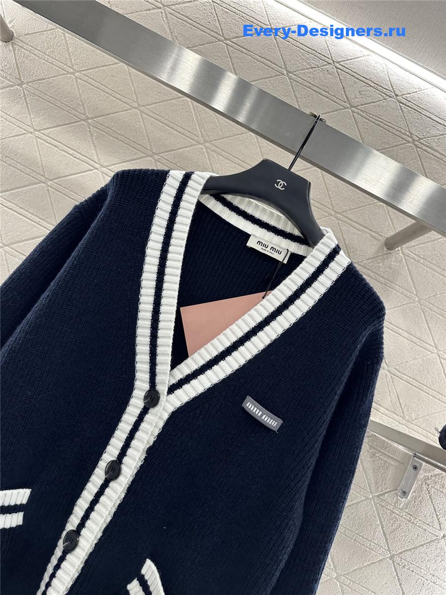 Miu Miu Navy Ribbed Knit V-neck Cardigan