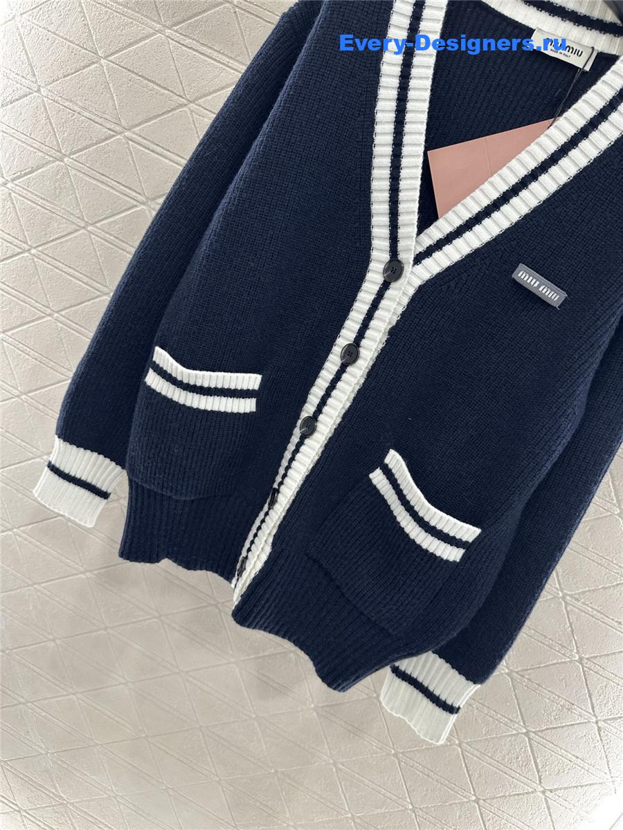 Miu Miu Navy Ribbed Knit V-neck Cardigan