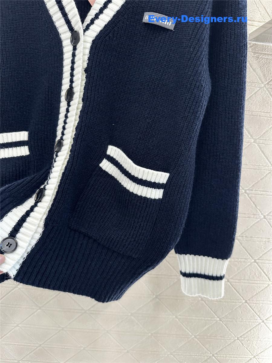 Miu Miu Navy Ribbed Knit V-neck Cardigan