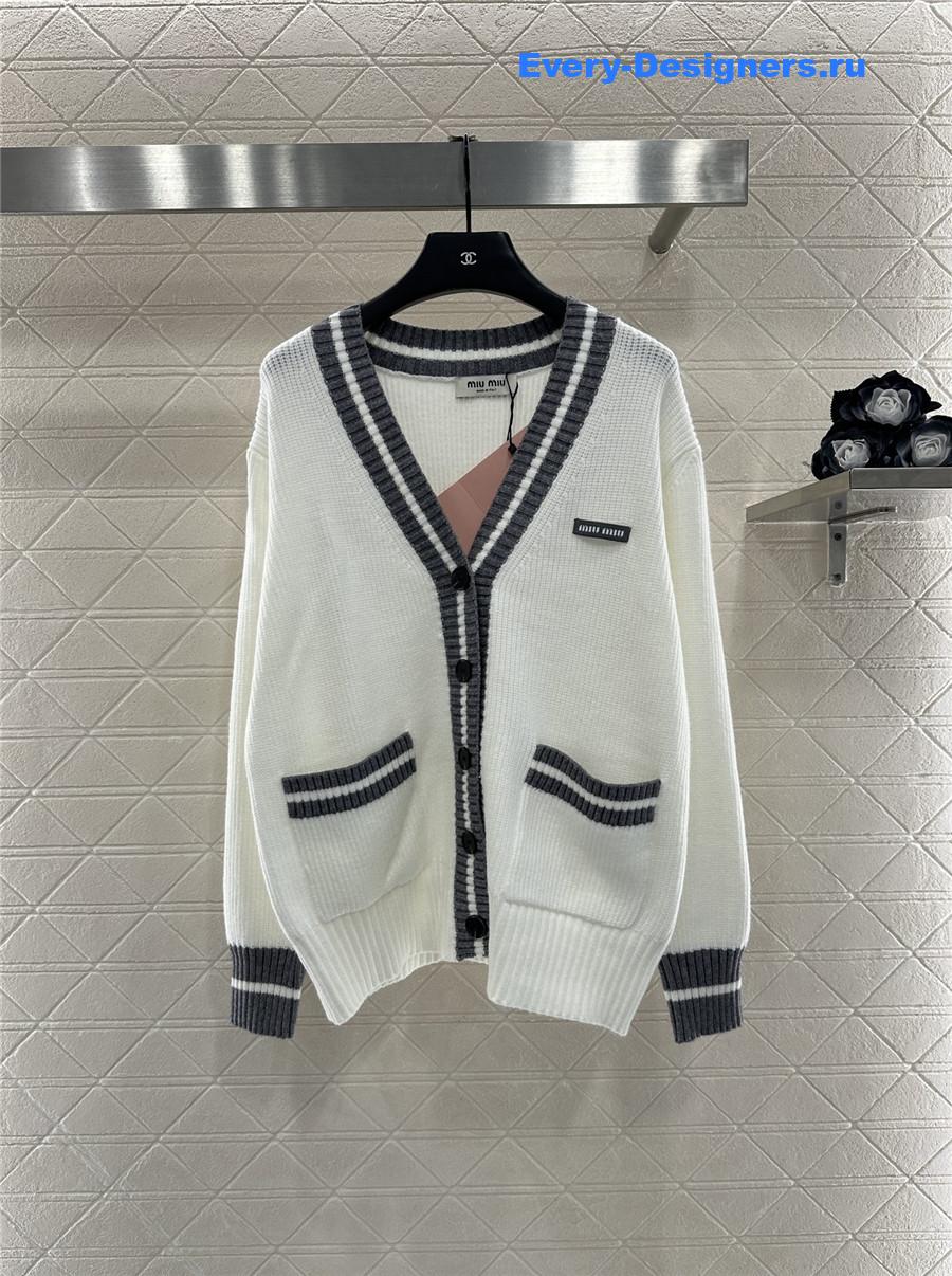 Miu Miu White Ribbed Knit V-neck Cardigan