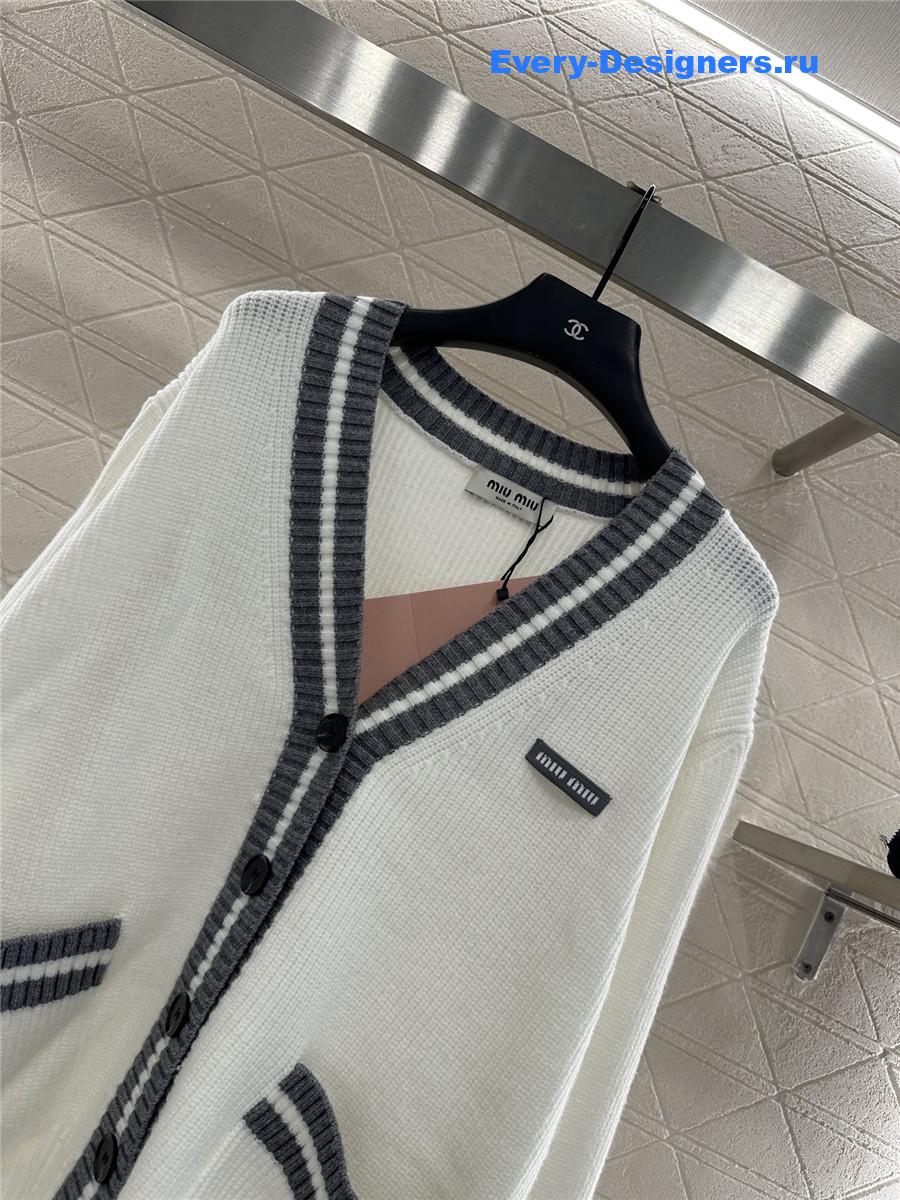 Miu Miu White Ribbed Knit V-neck Cardigan