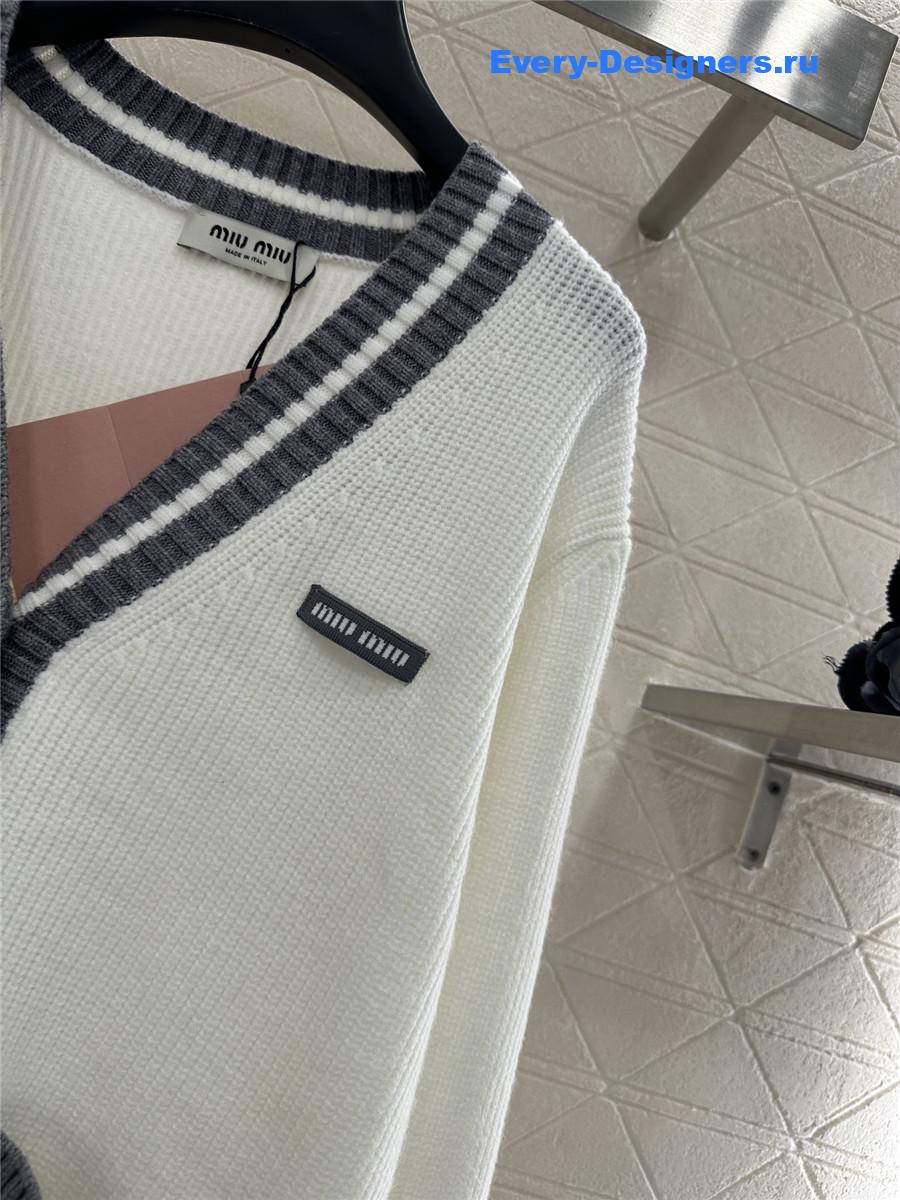Miu Miu White Ribbed Knit V-neck Cardigan