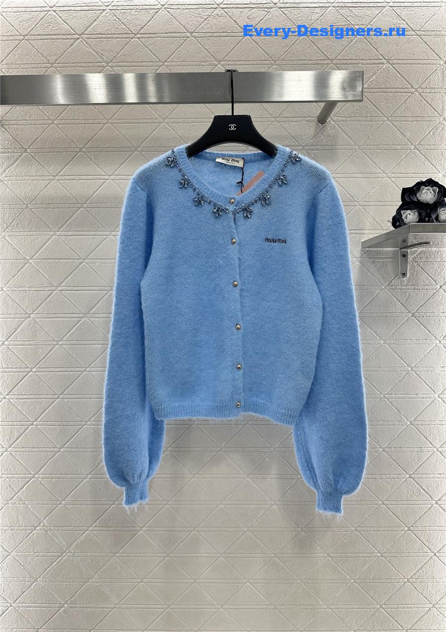 Miu Miu rhinestone blue knitted cardigan