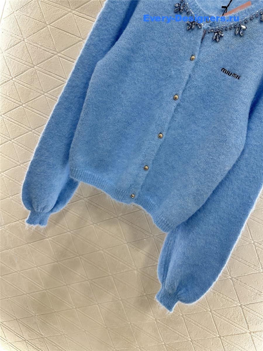 Miu Miu rhinestone blue knitted cardigan