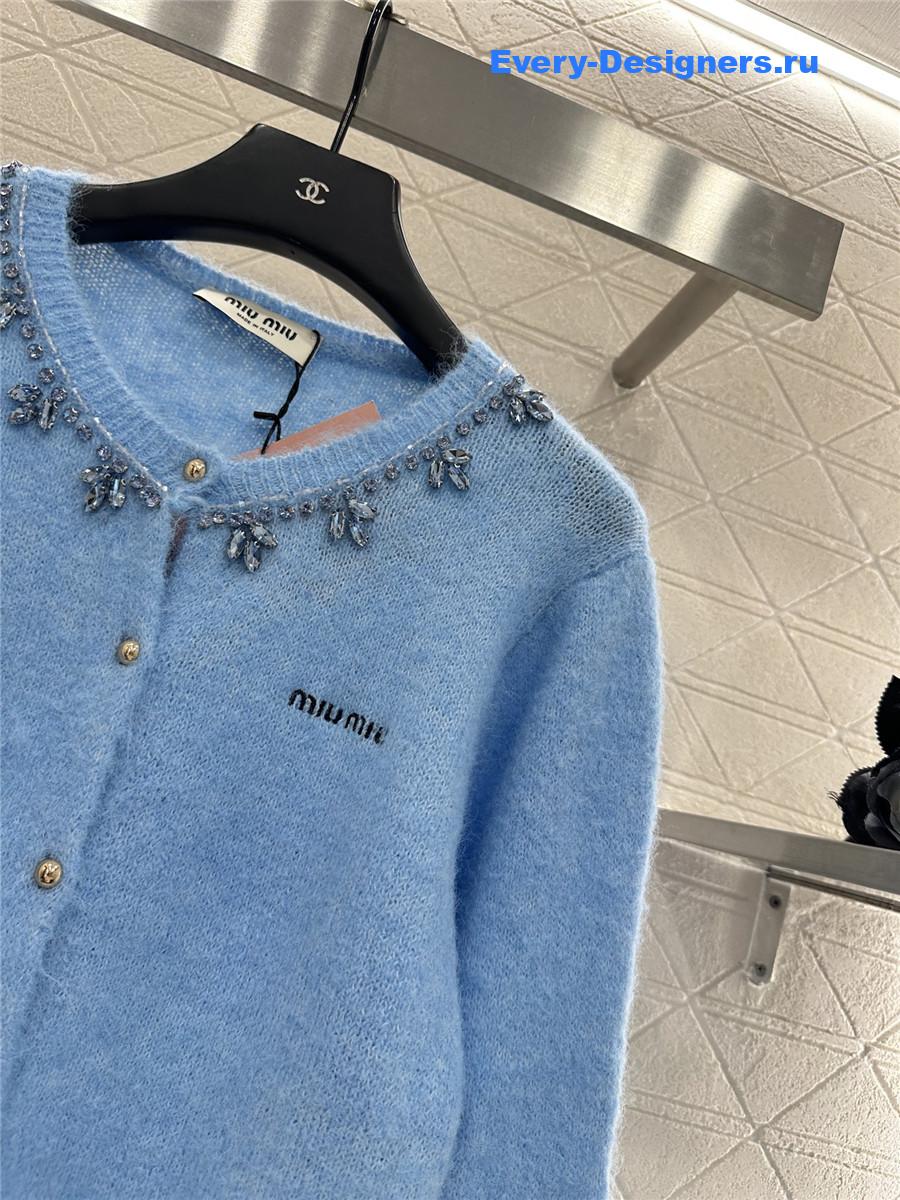 Miu Miu rhinestone blue knitted cardigan