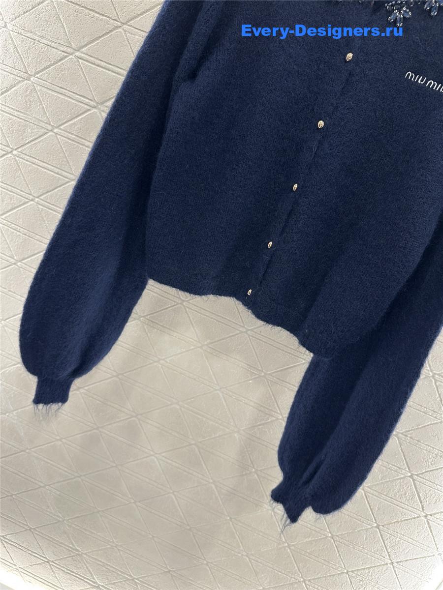 Miu Miu rhinestone navy knitted cardigan