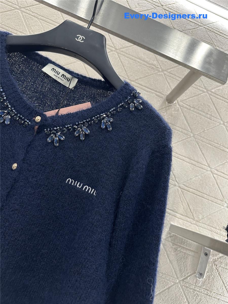 Miu Miu rhinestone navy knitted cardigan