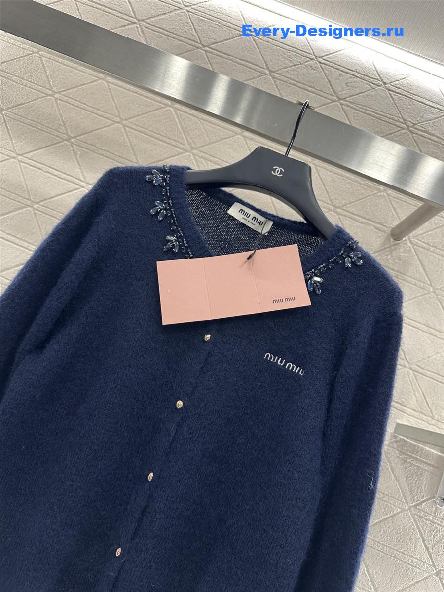 Miu Miu rhinestone navy knitted cardigan