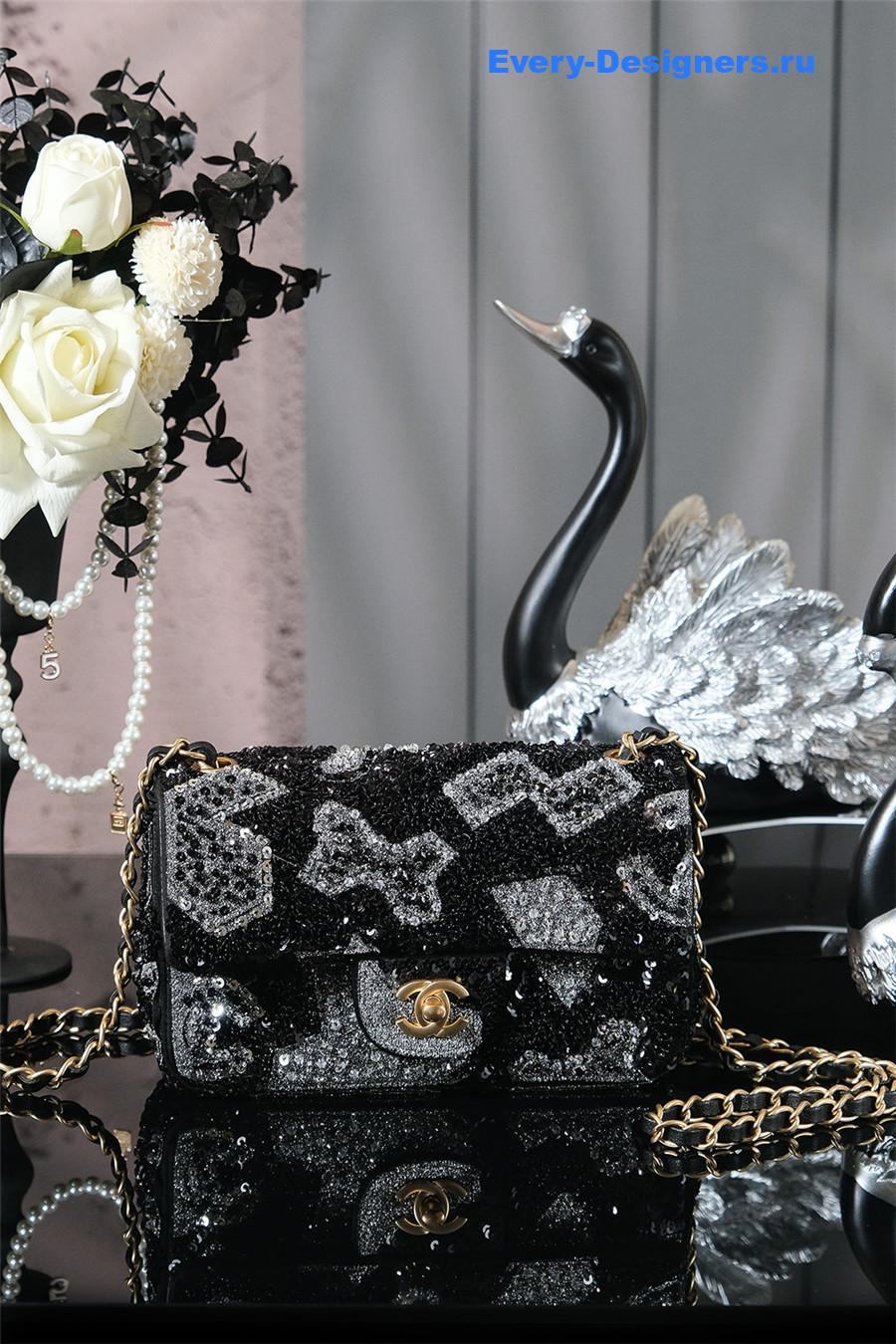 Ch**el black satin sequin embellished flap bag