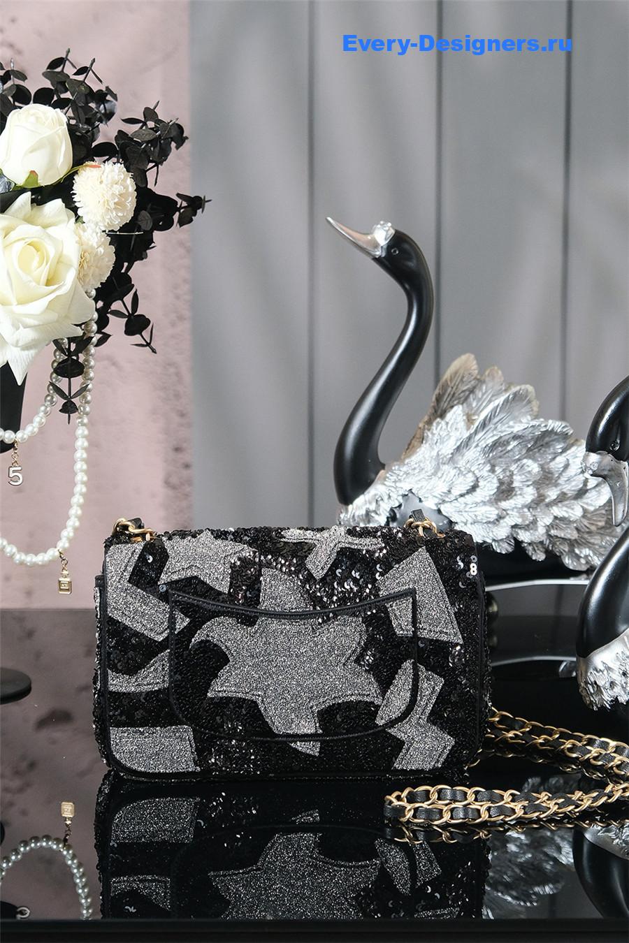 Ch**el black satin sequin embellished flap bag