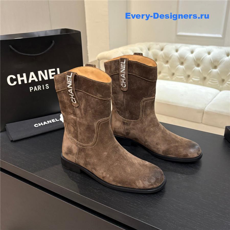 Ch**el cc brown suede block heel ankle boots