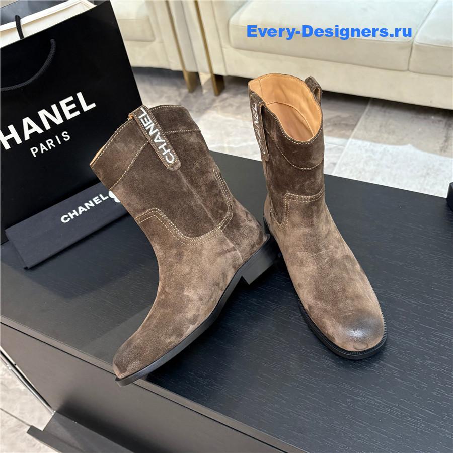 Ch**el cc brown suede block heel ankle boots