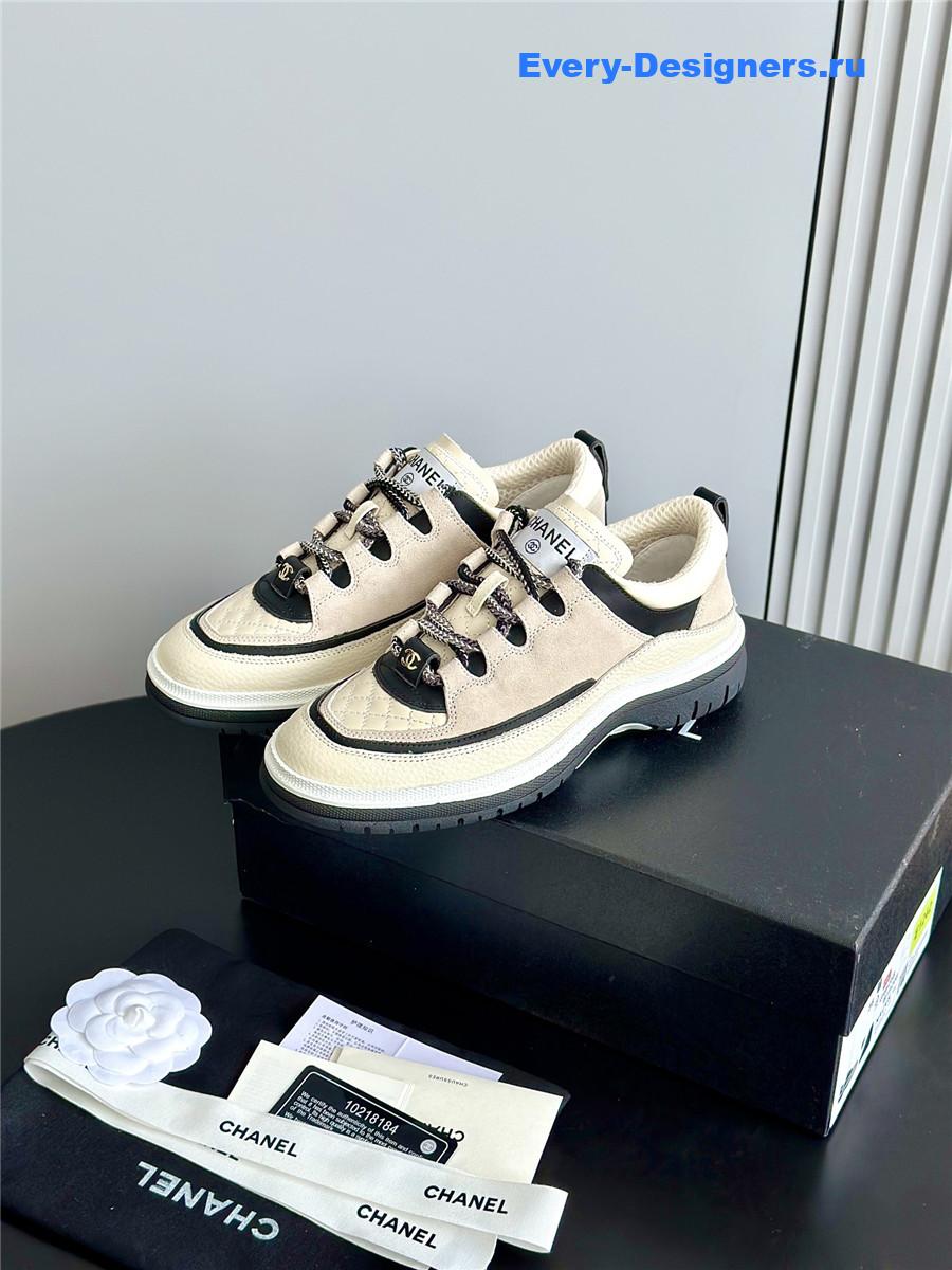 Ch**el white & beige suede calfskin sneakers