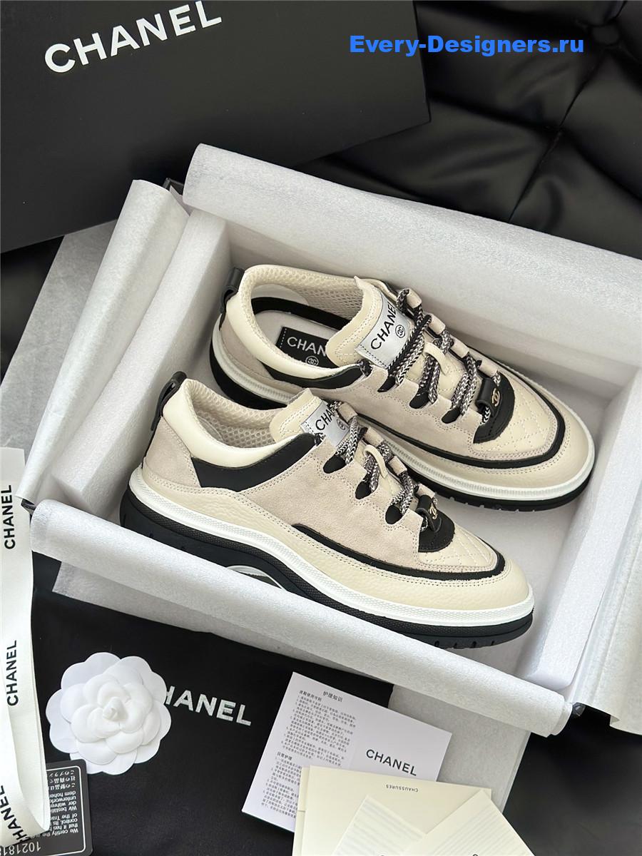 Ch**el white & beige suede calfskin sneakers