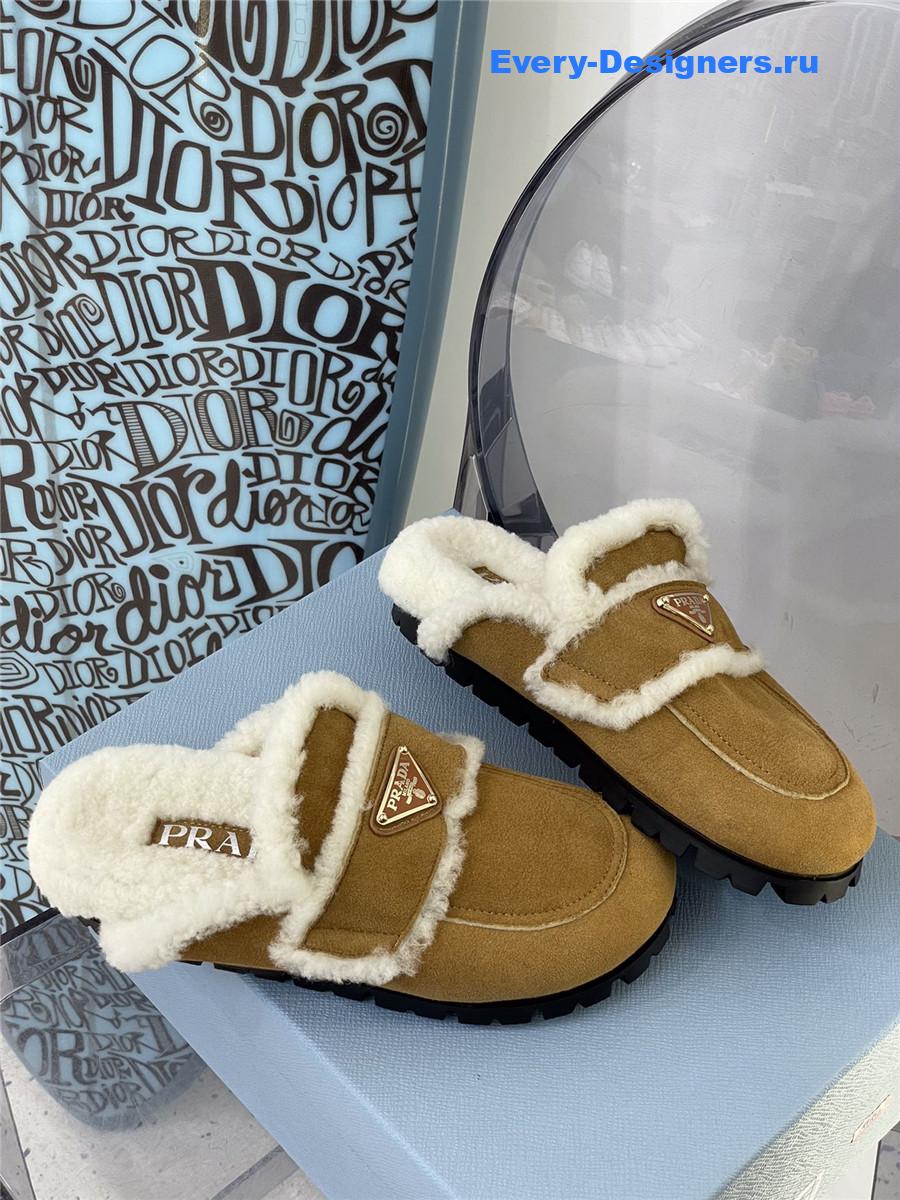 Pra*a brown flat shearling fur-lined mules