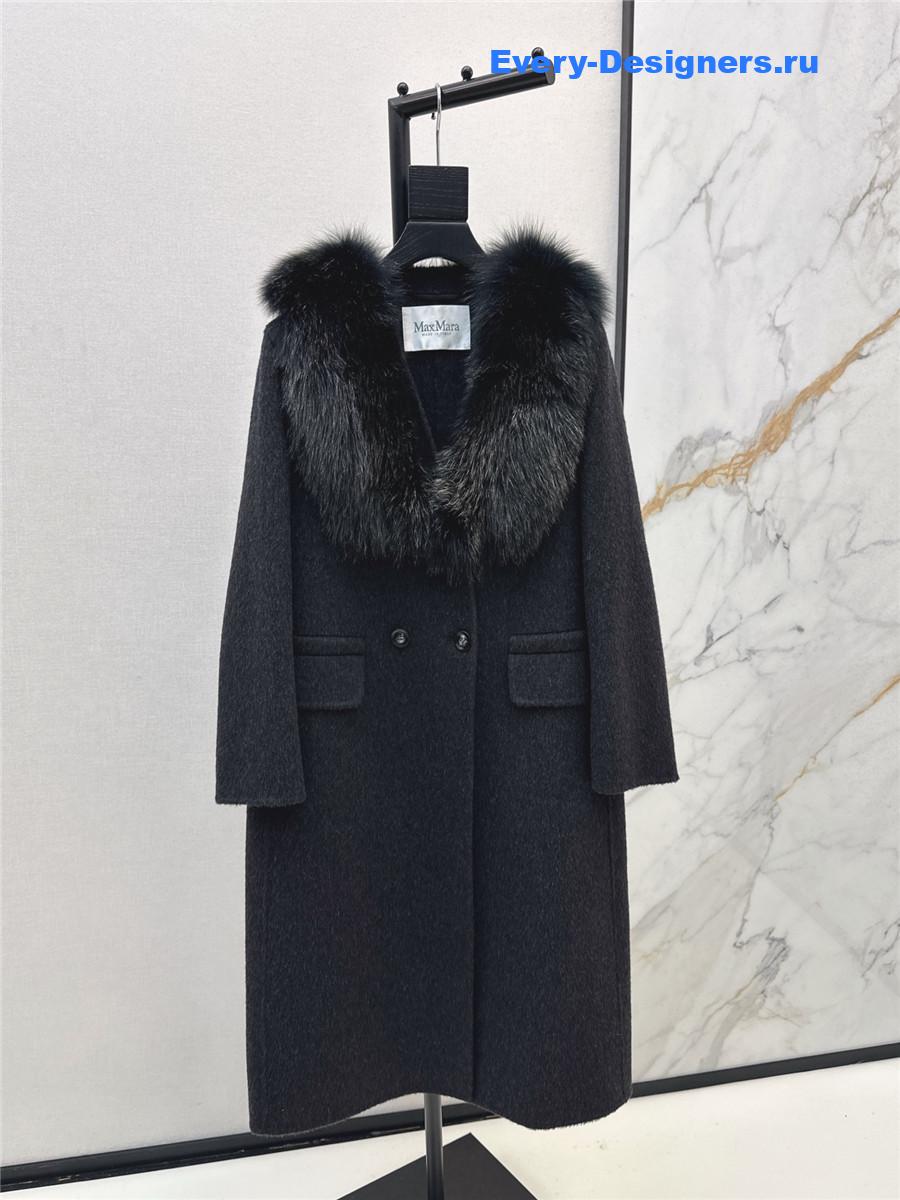 Max Mara Black Fox Fur Collar Long Coat