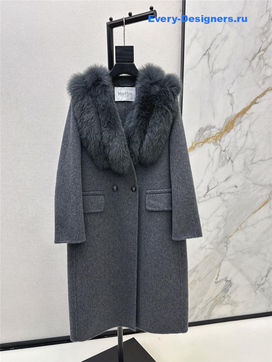 Max Mara Grey Fox Fur Collar Long Coat