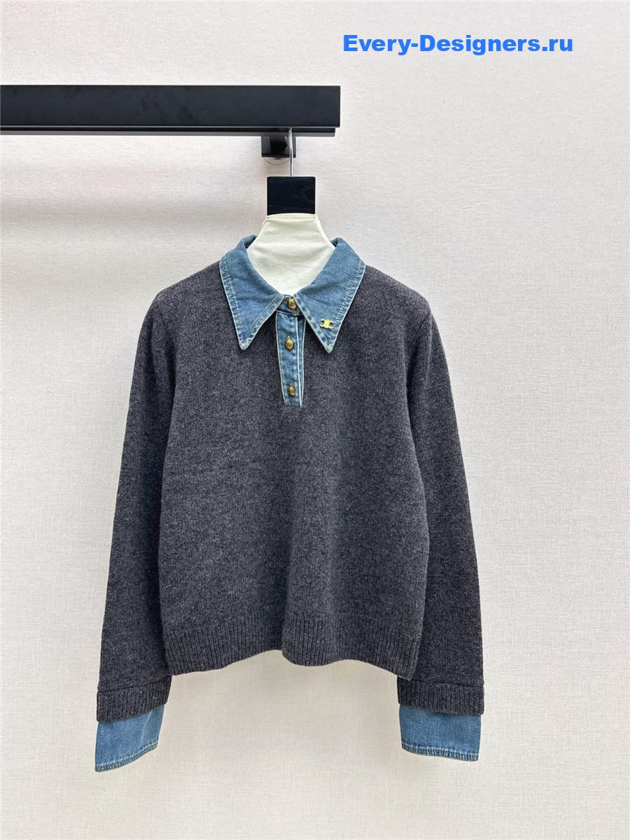 Ce1i*e wool denim-trim polo sweater