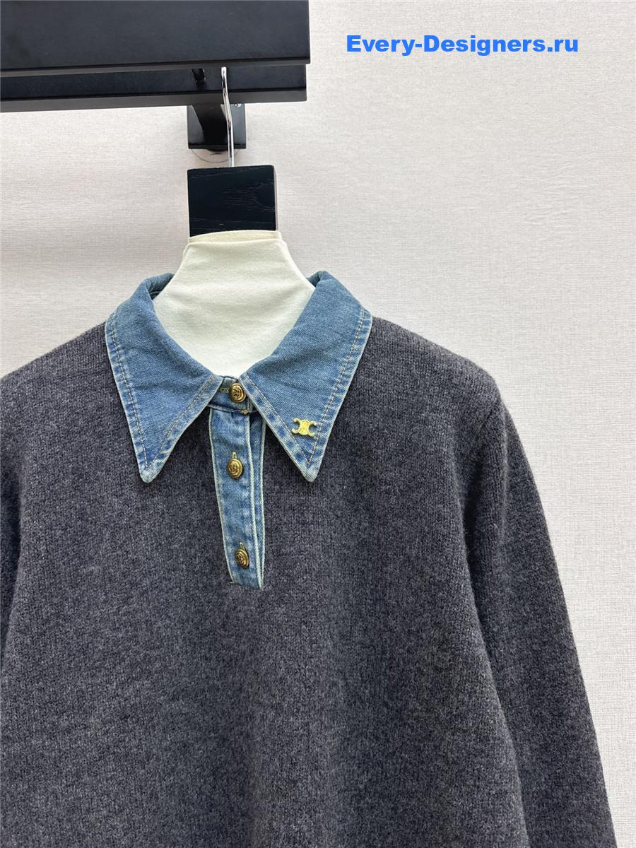 Ce1i*e wool denim-trim polo sweater