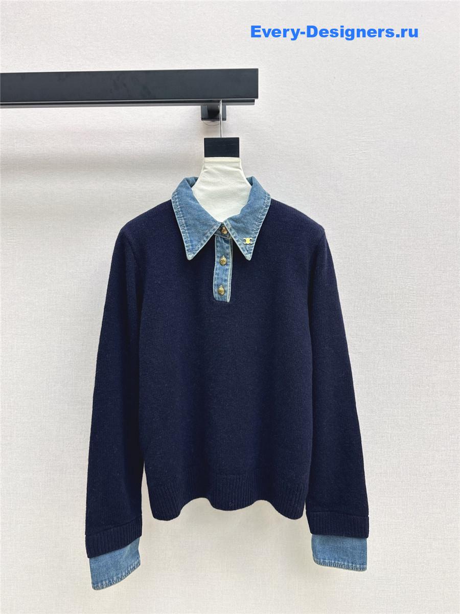 Ce1i*e navy wool denim-trim polo sweater