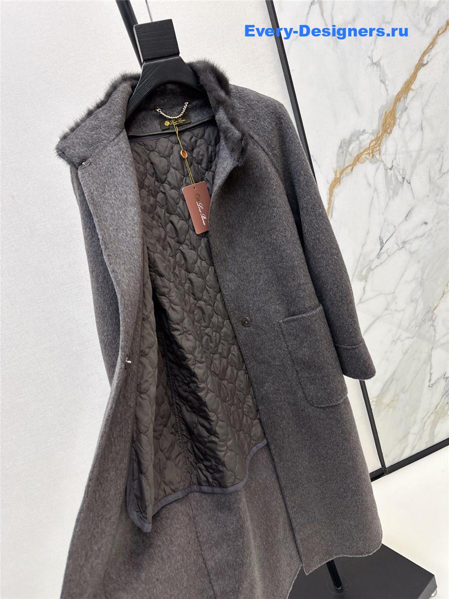 L0r0 P1ana grey mink stand collar long coat