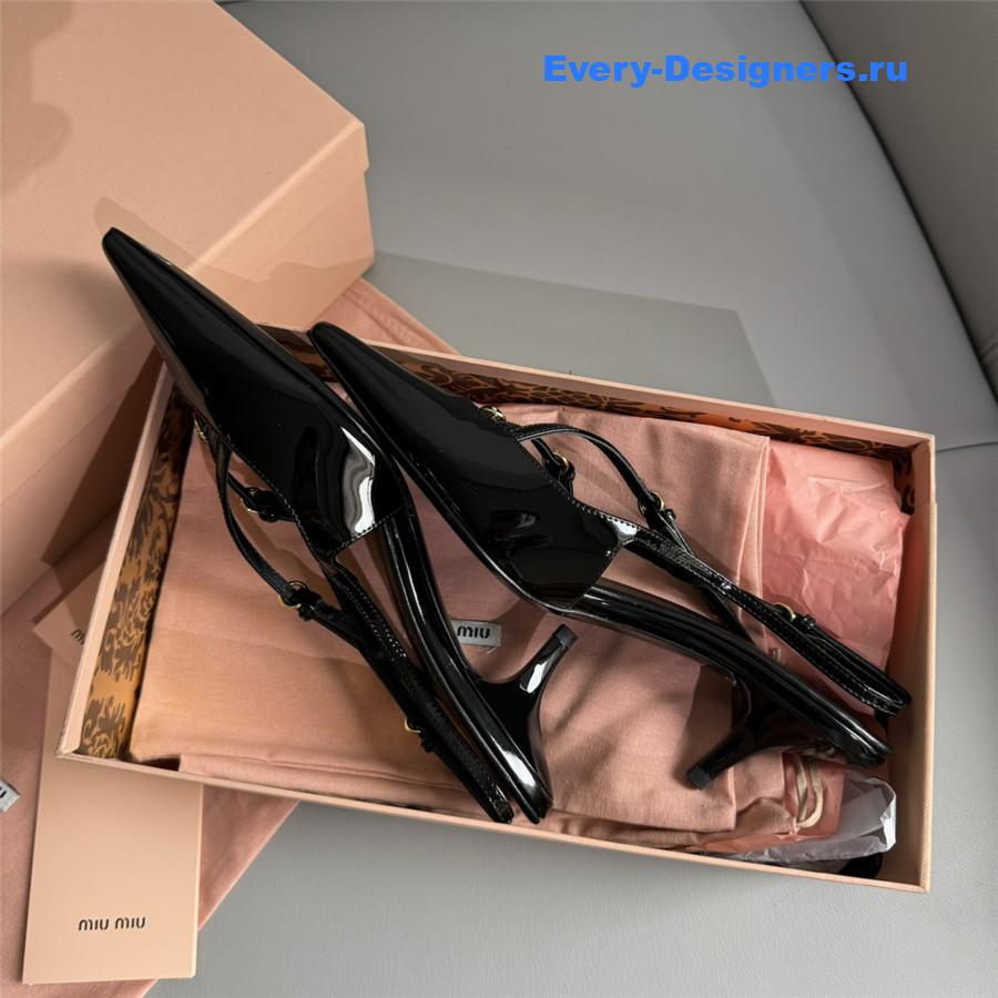 Miu Miu Black Patent Leather Buckles Slingbacks
