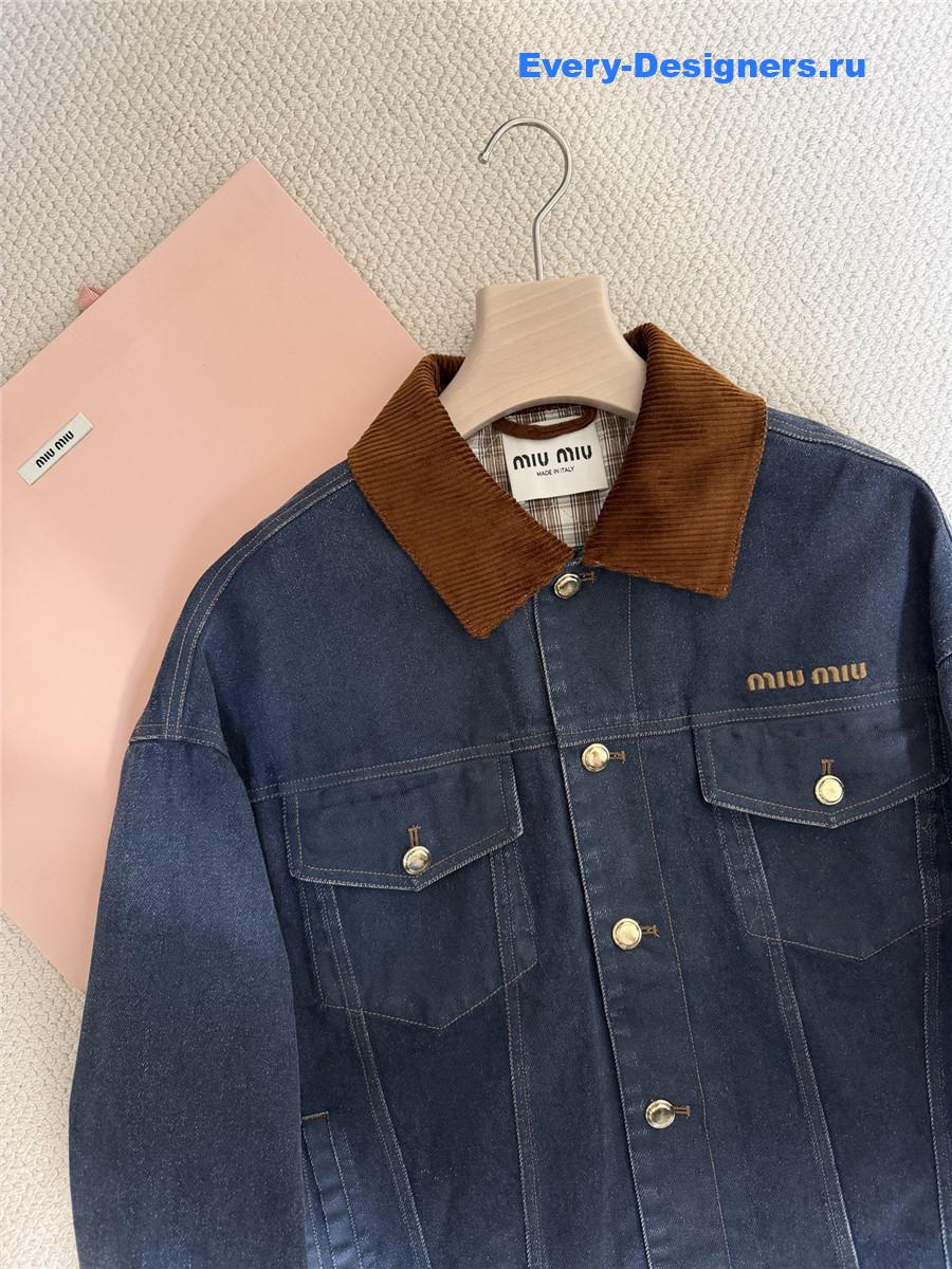 Miu Miu Embroidered-Logo Padded Blue Denim Jacket