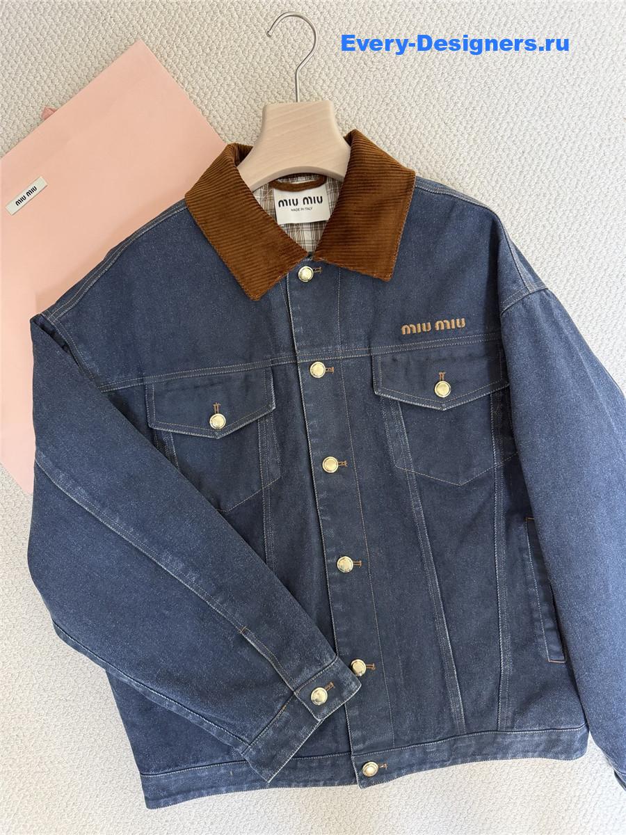 Miu Miu Embroidered-Logo Padded Blue Denim Jacket