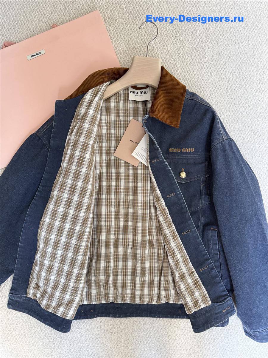 Miu Miu Embroidered-Logo Padded Blue Denim Jacket