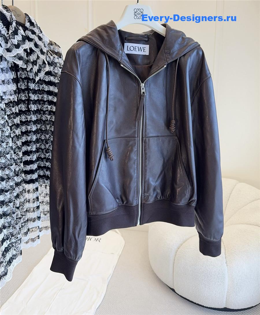L0ew* brown flamenco hooded leather zip-up jacket