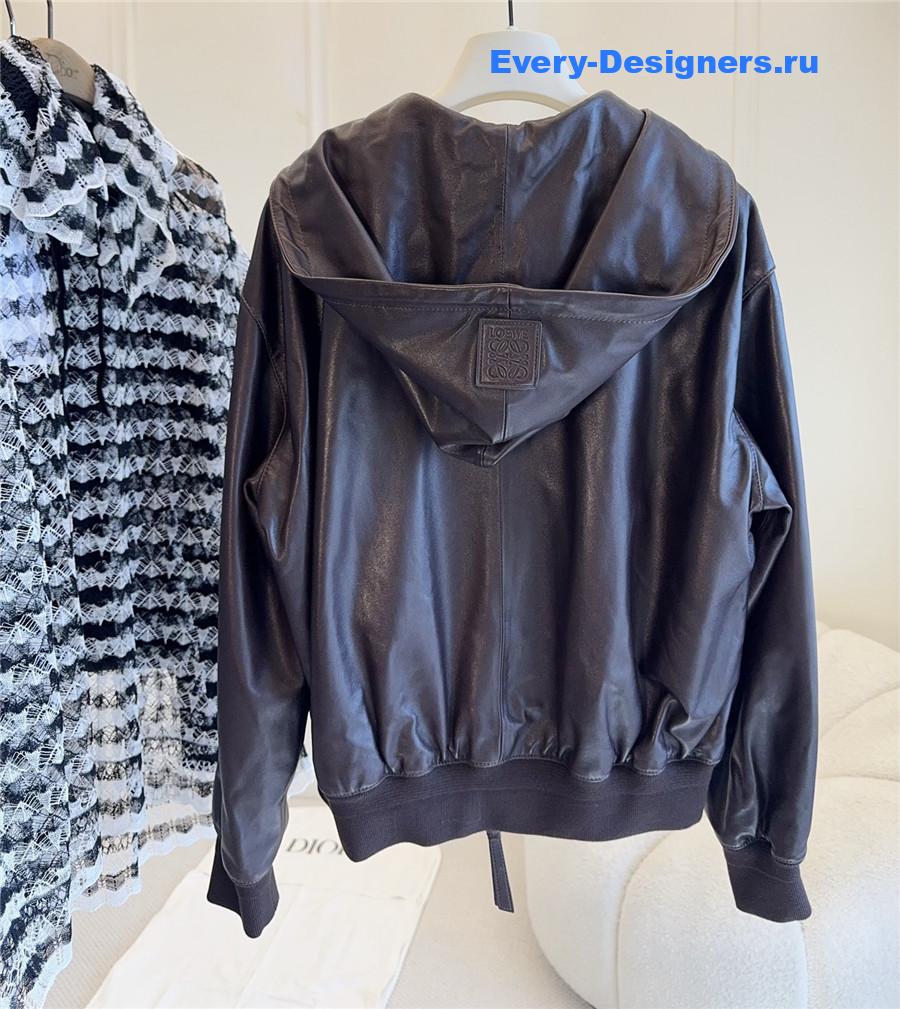 L0ew* brown flamenco hooded leather zip-up jacket