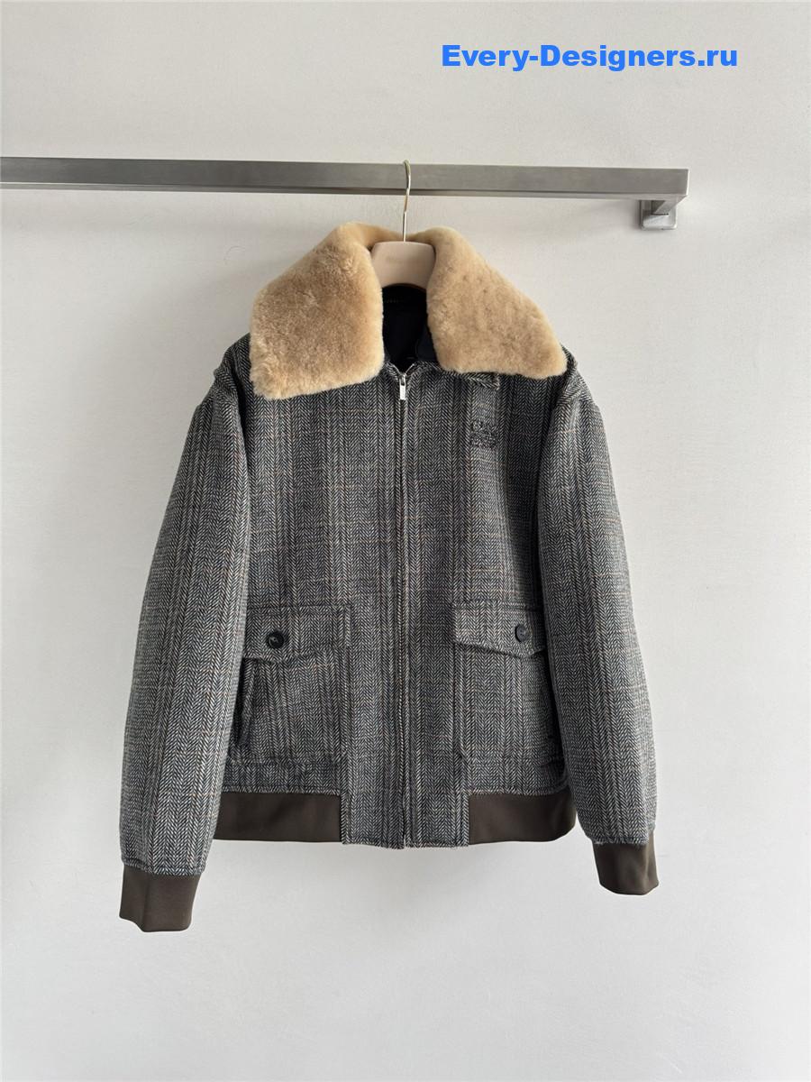 Miu Miu Shearling-Collar Wool Tweed Bomber Jacket