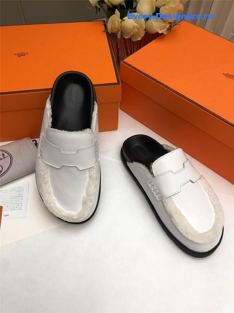 H**me5 white leather goatskin shearling go mules