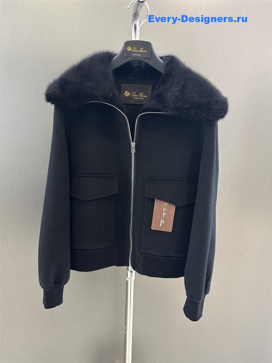 L0r0 P1ana lapel mink black cashmere zip-up jacket