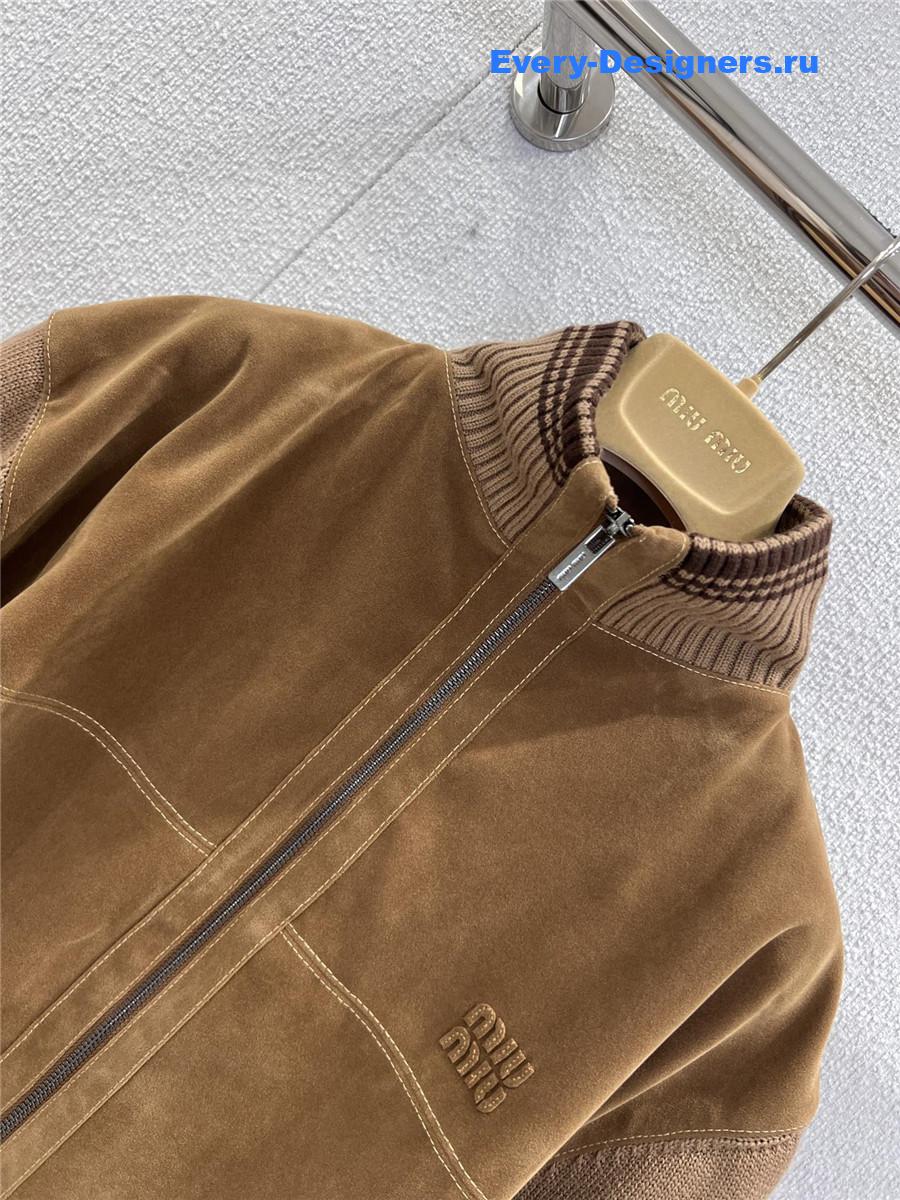 Miu Miu Brown Suede-insert Ribbed Cardigan Coat