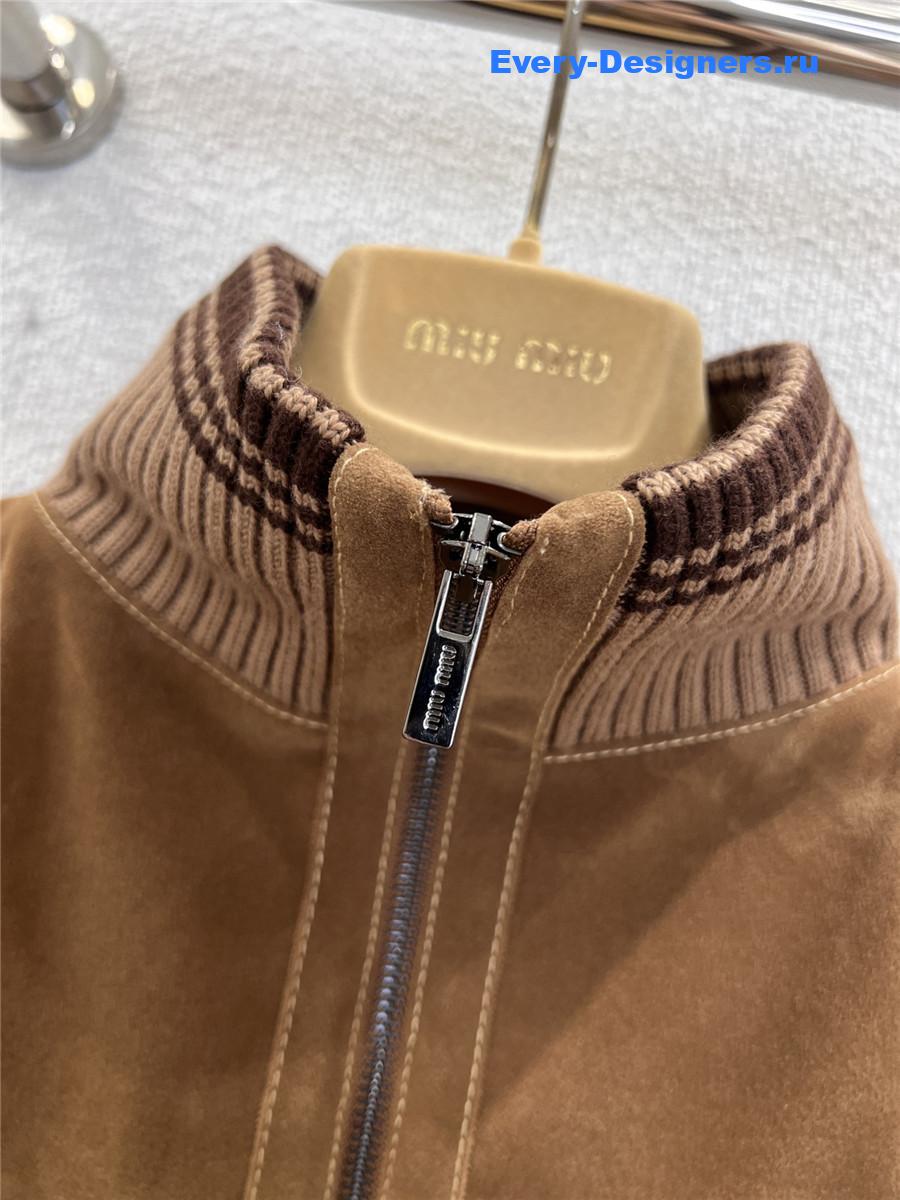 Miu Miu Brown Suede-insert Ribbed Cardigan Coat