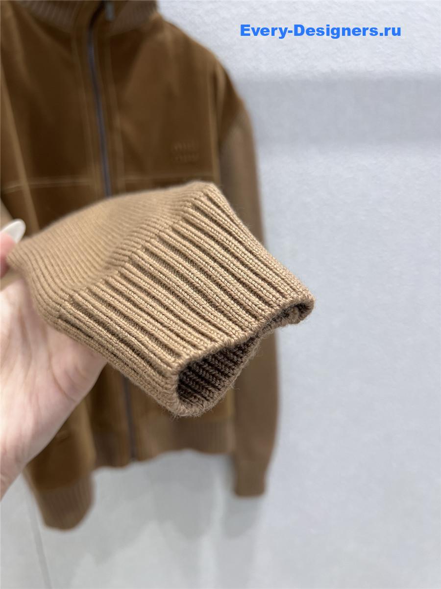 Miu Miu Brown Suede-insert Ribbed Cardigan Coat