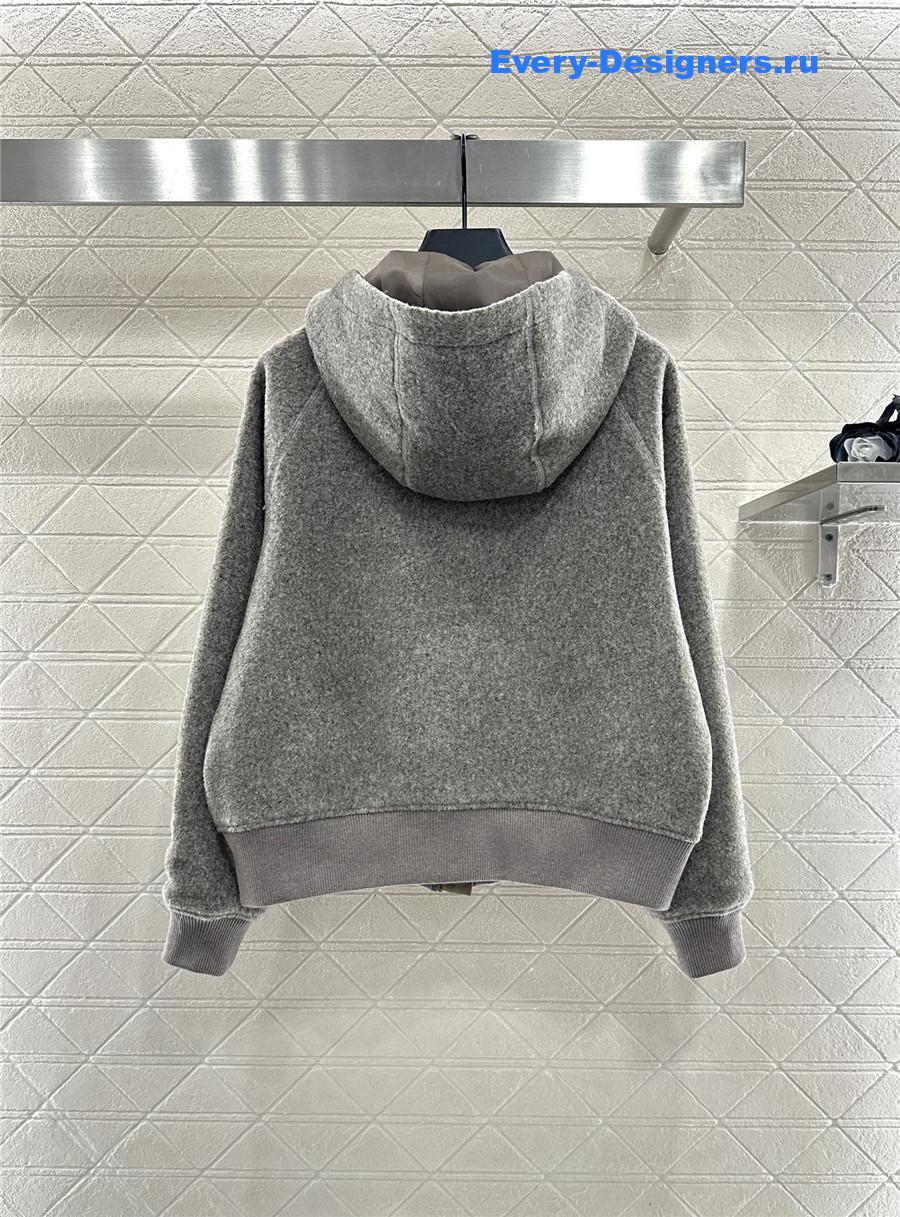 Miu Miu Grey Hooded Drawstring Lambswool Zip-up Jacket