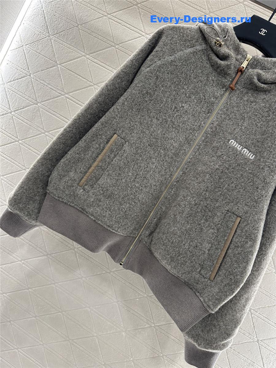 Miu Miu Grey Hooded Drawstring Lambswool Zip-up Jacket