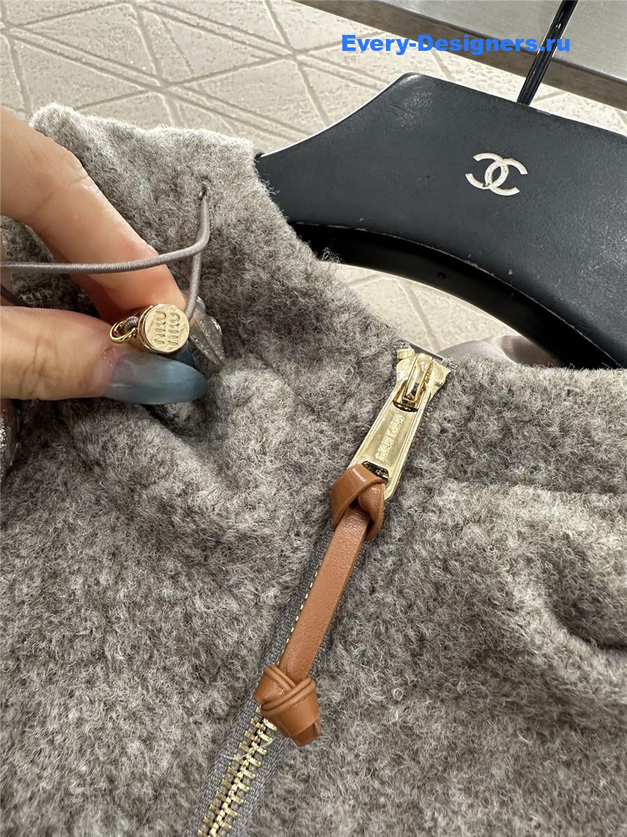 Miu Miu Grey Hooded Drawstring Lambswool Zip-up Jacket