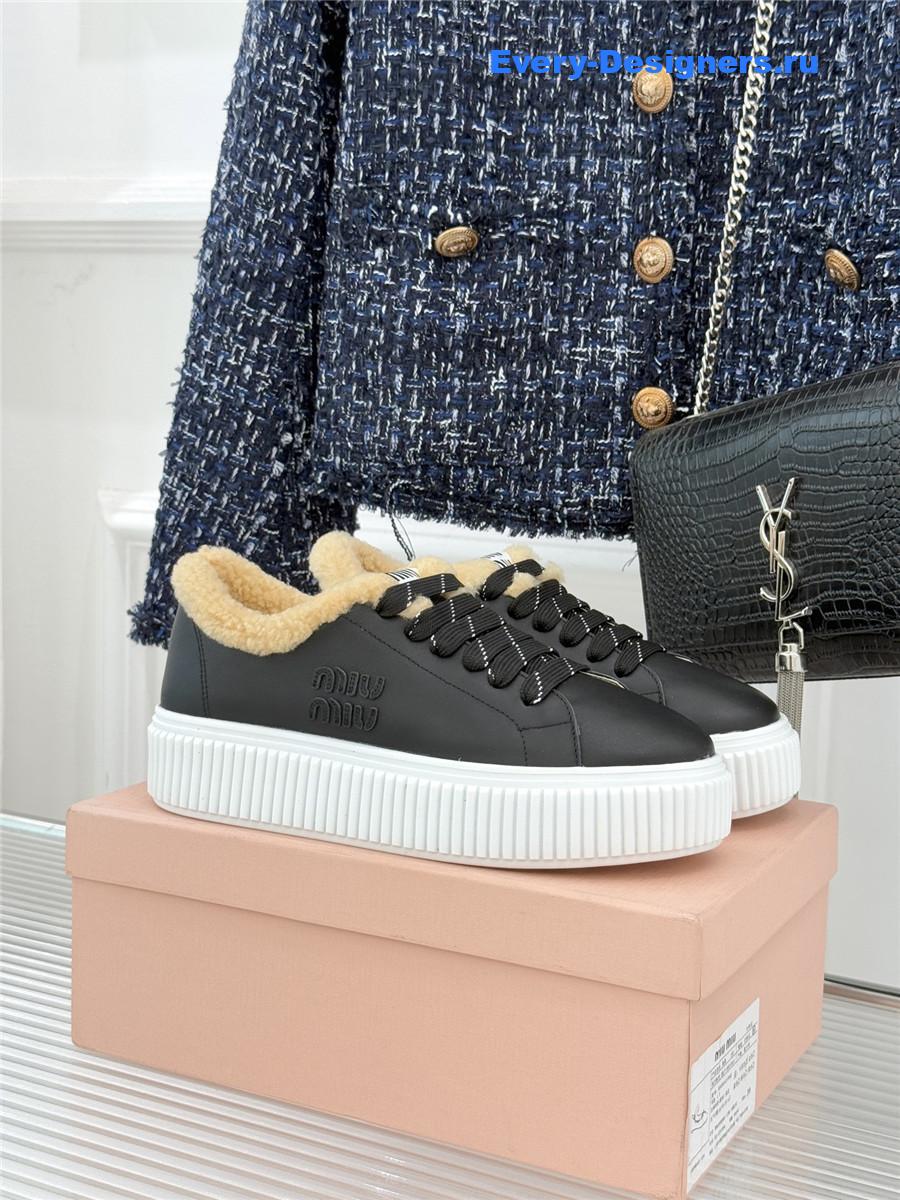 Miu Miu Black Leather And Shearling Sneakers