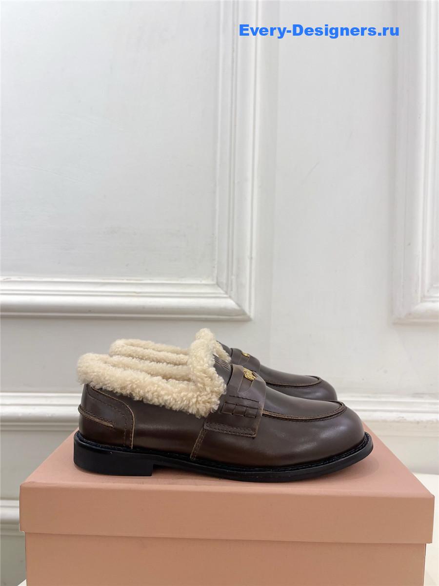 Miu Miu Ebony Bleached Leather Shearling Penny Loafers