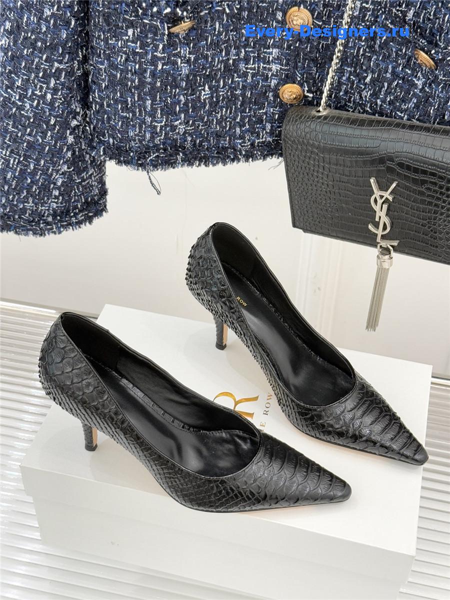 The R0w black liisa python almond kitten heel pump