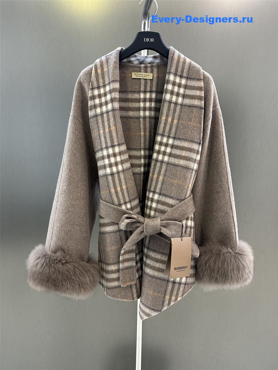 Bv*b*rry classic fox fur check wool coat