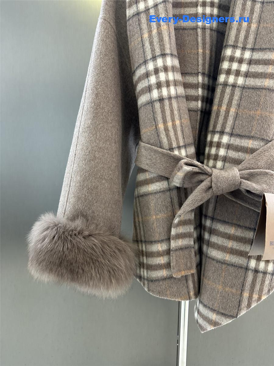 Bv*b*rry classic fox fur check wool coat